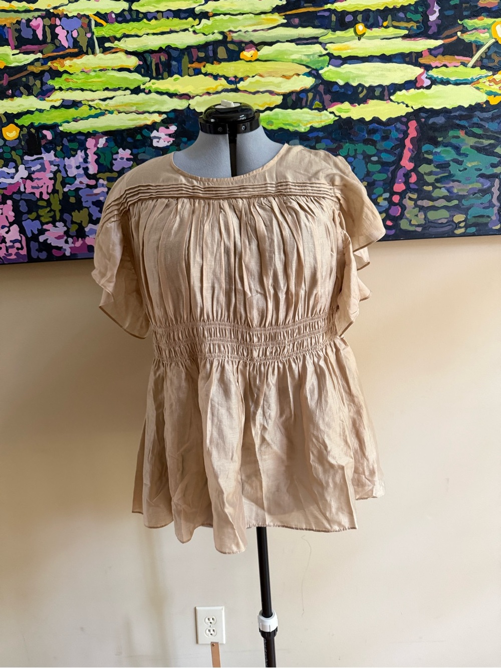 Anthropologie Beige Smocked Peasant Tunic